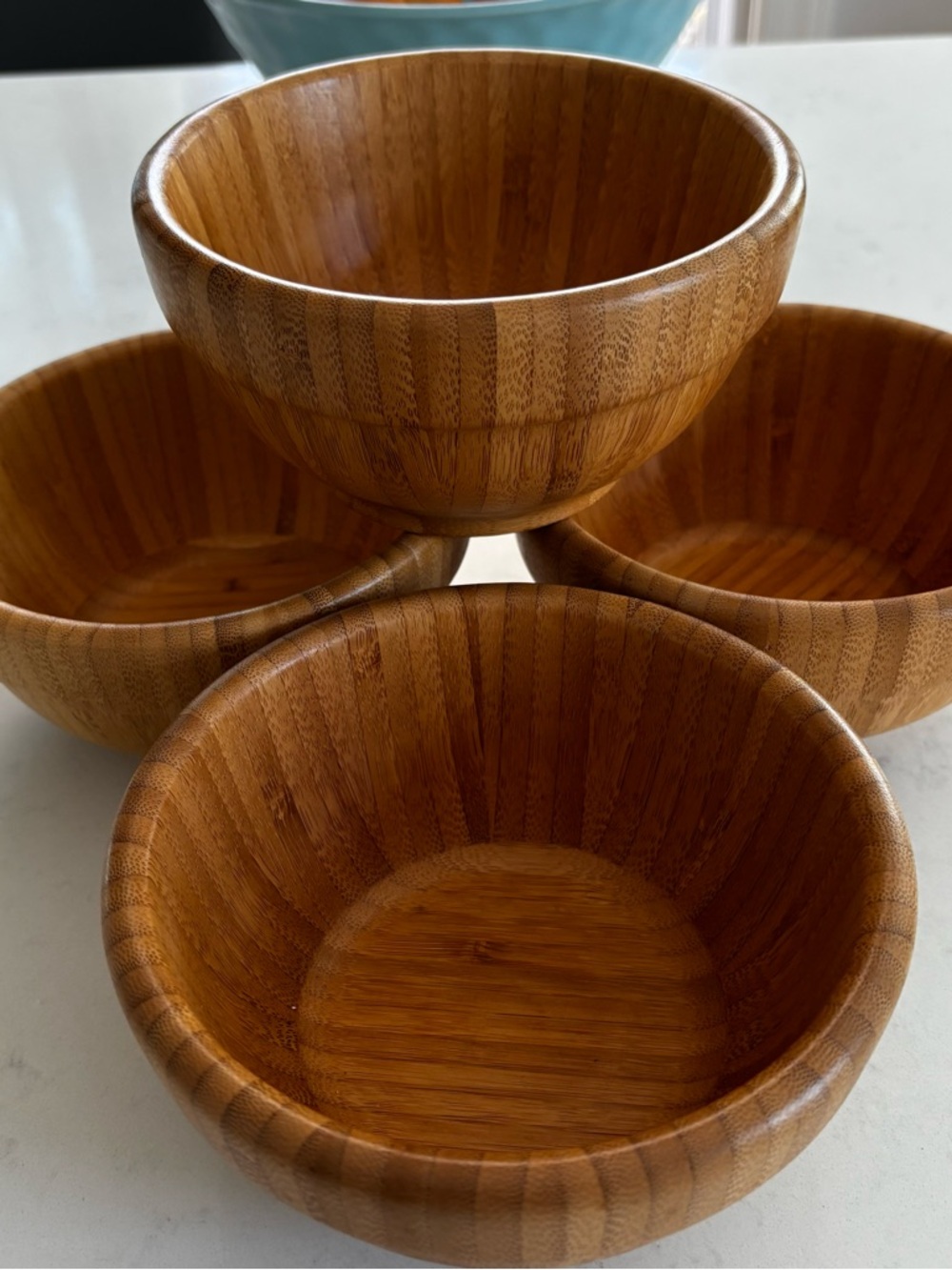 Pampered Chef Wooden Bamboo Snack  & Dip Bowls Set Of 4 Beautiful Wood Grain